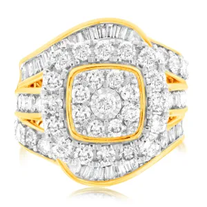 3 Carat Diamond Ring with Brilliant and Tapered Baguette Diamonds in 9ct Yellow Gold