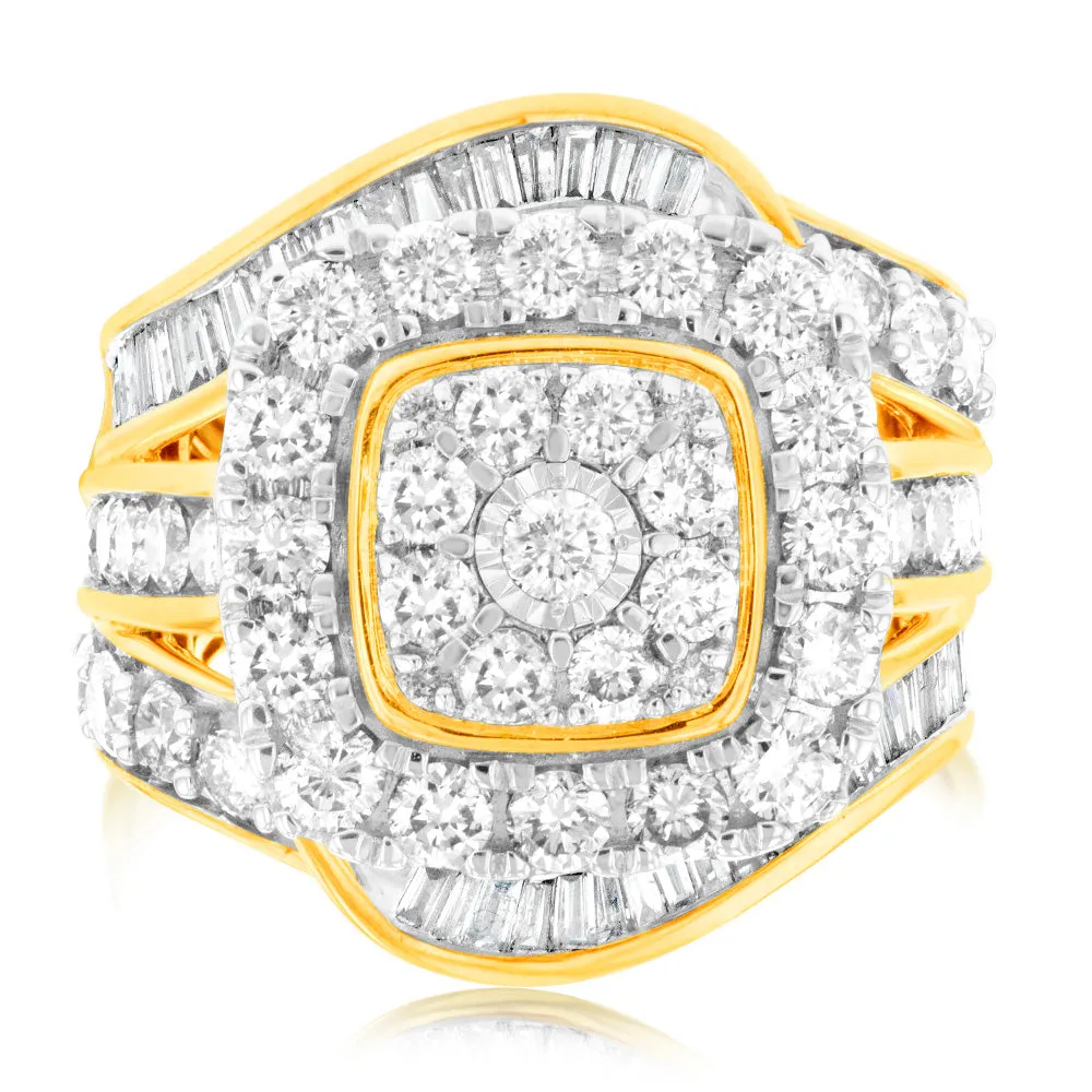 3 Carat Diamond Ring with Brilliant and Tapered Baguette Diamonds in 9ct Yellow Gold