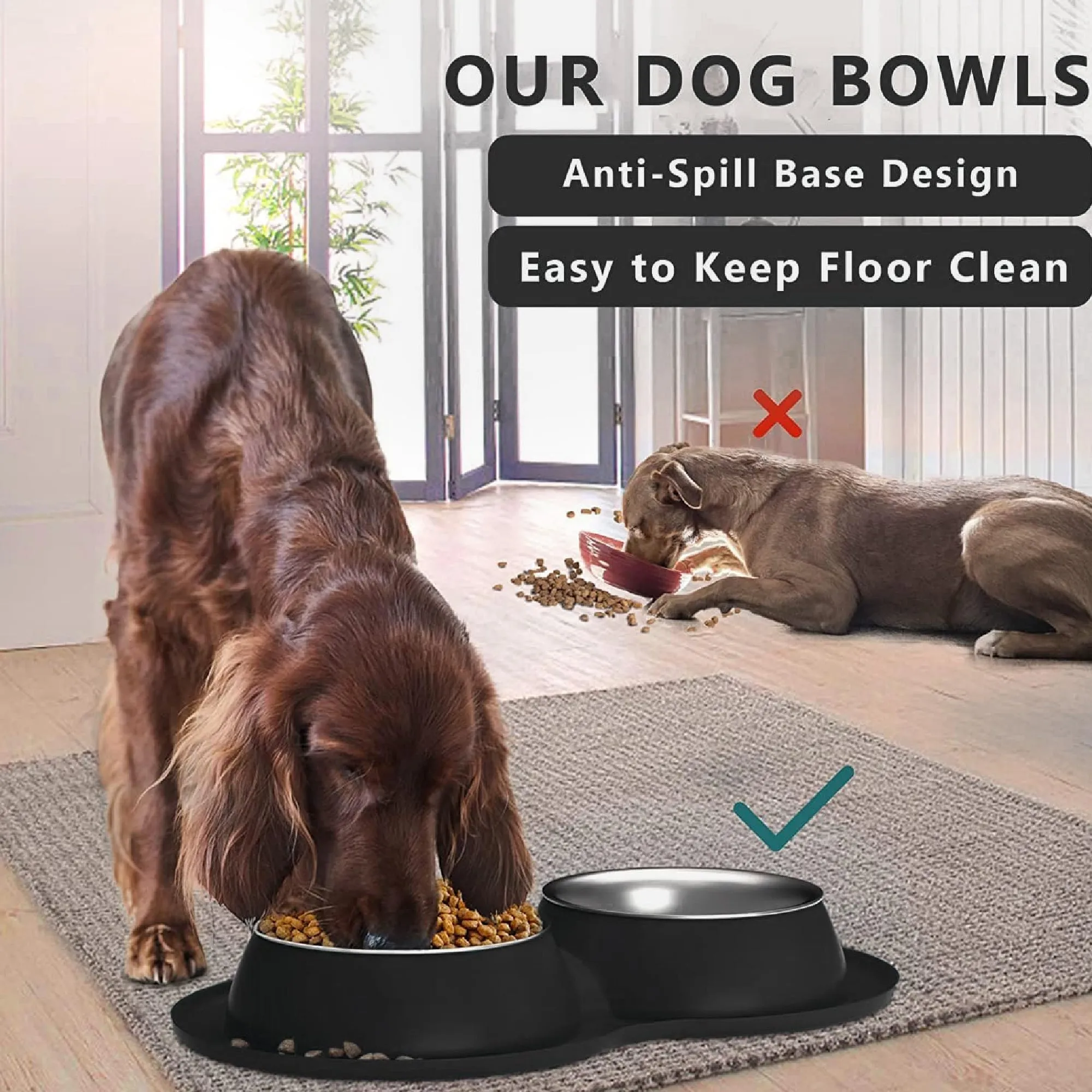 AIANDE Dog Bowls Extra Large Dog Bowl Set with Mat Black, Double Stainless Steel Dog