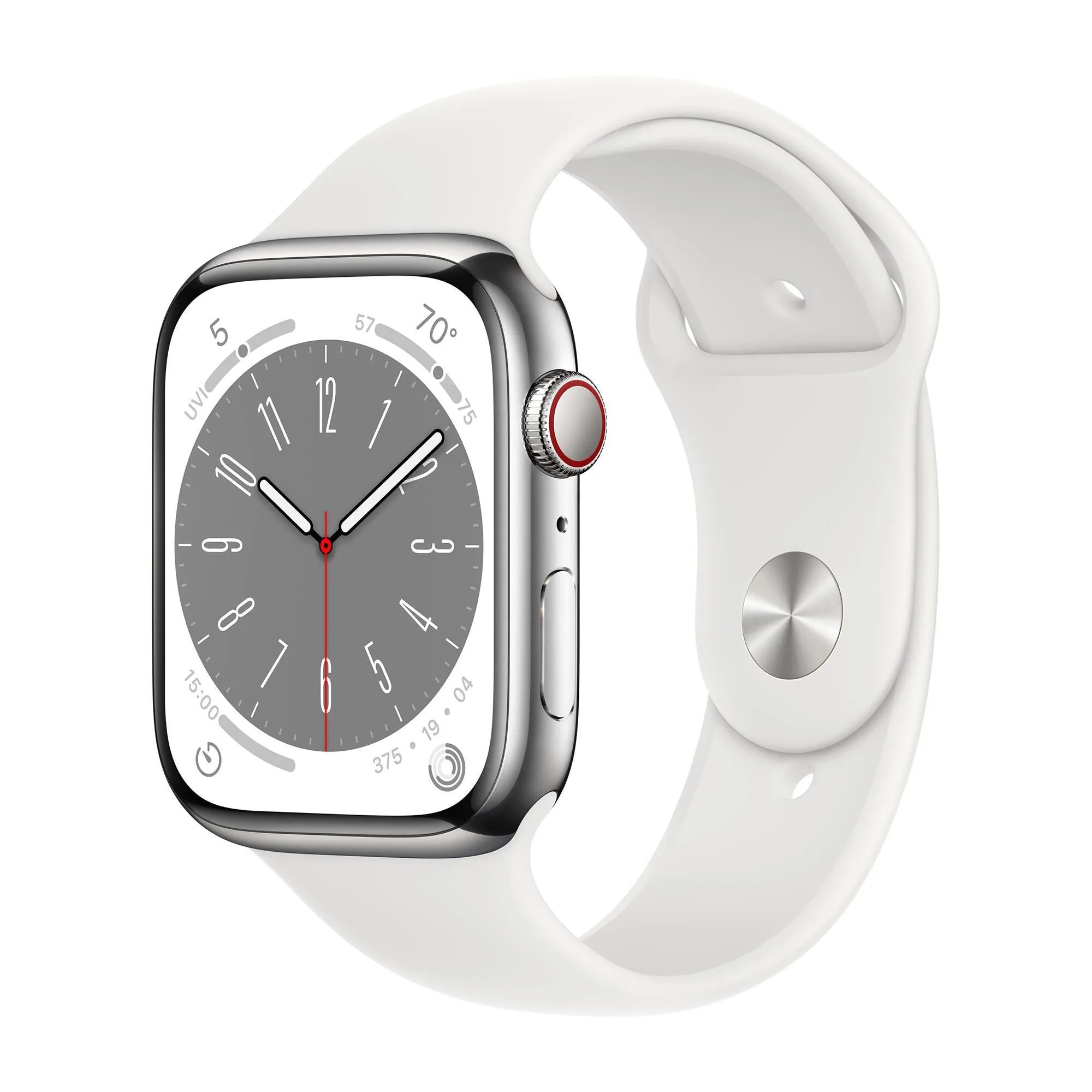 Apple Watch Gen 8 Series 8 Cell 45mm Silver Stainless Steel - White Sport Band MNVV3LL/A