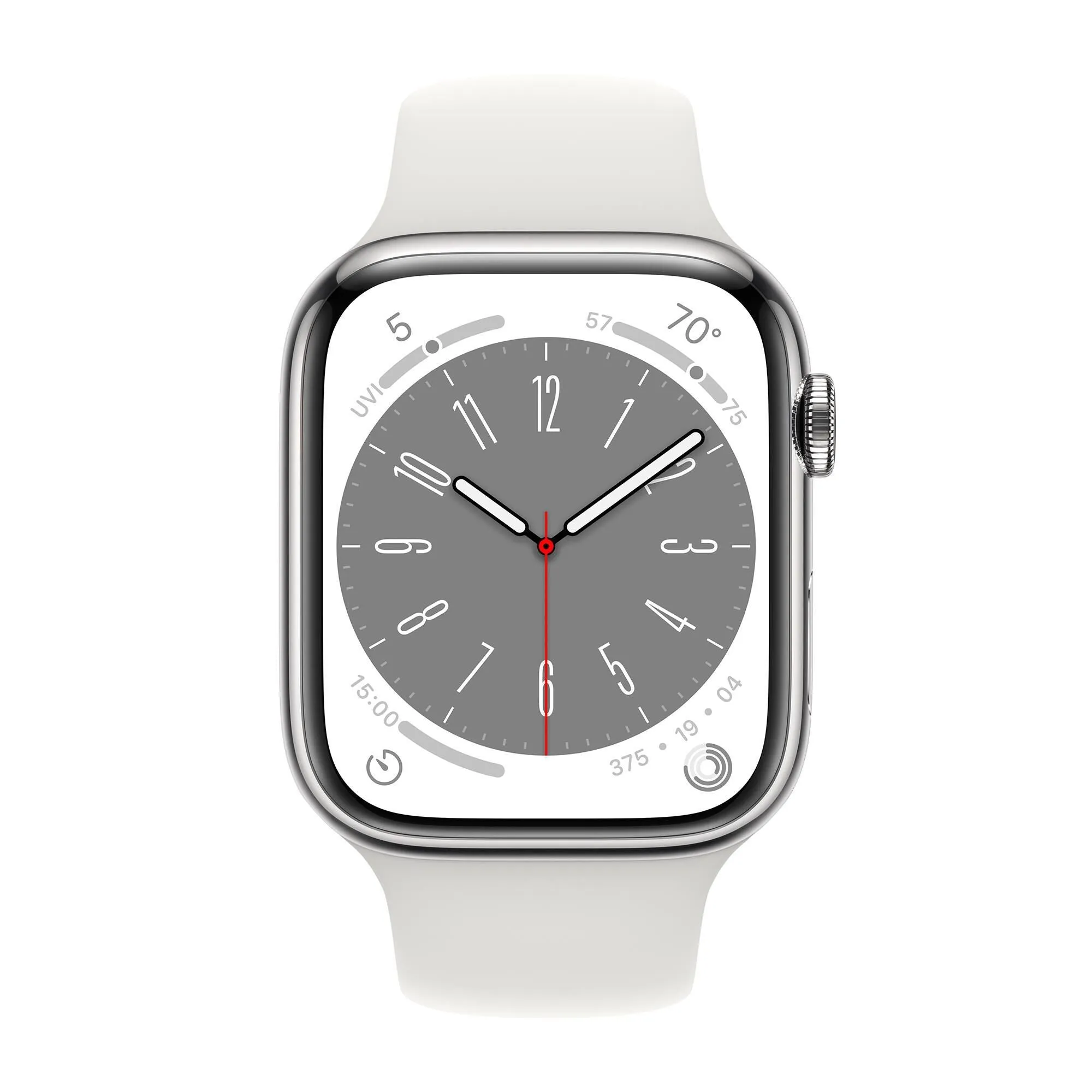Apple Watch Gen 8 Series 8 Cell 45mm Silver Stainless Steel - White Sport Band MNVV3LL/A