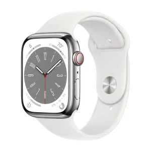 Apple Watch Gen 8 Series 8 Cell 45mm Silver Stainless Steel - White Sport Band MNVV3LL/A