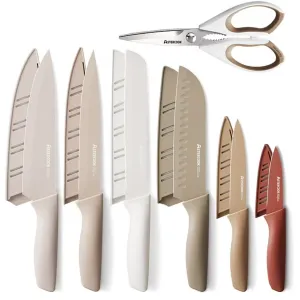 Astercook ASKN-03 7 Pieces Kitchen Knife Set with Anti-Rust Coating, Cream White