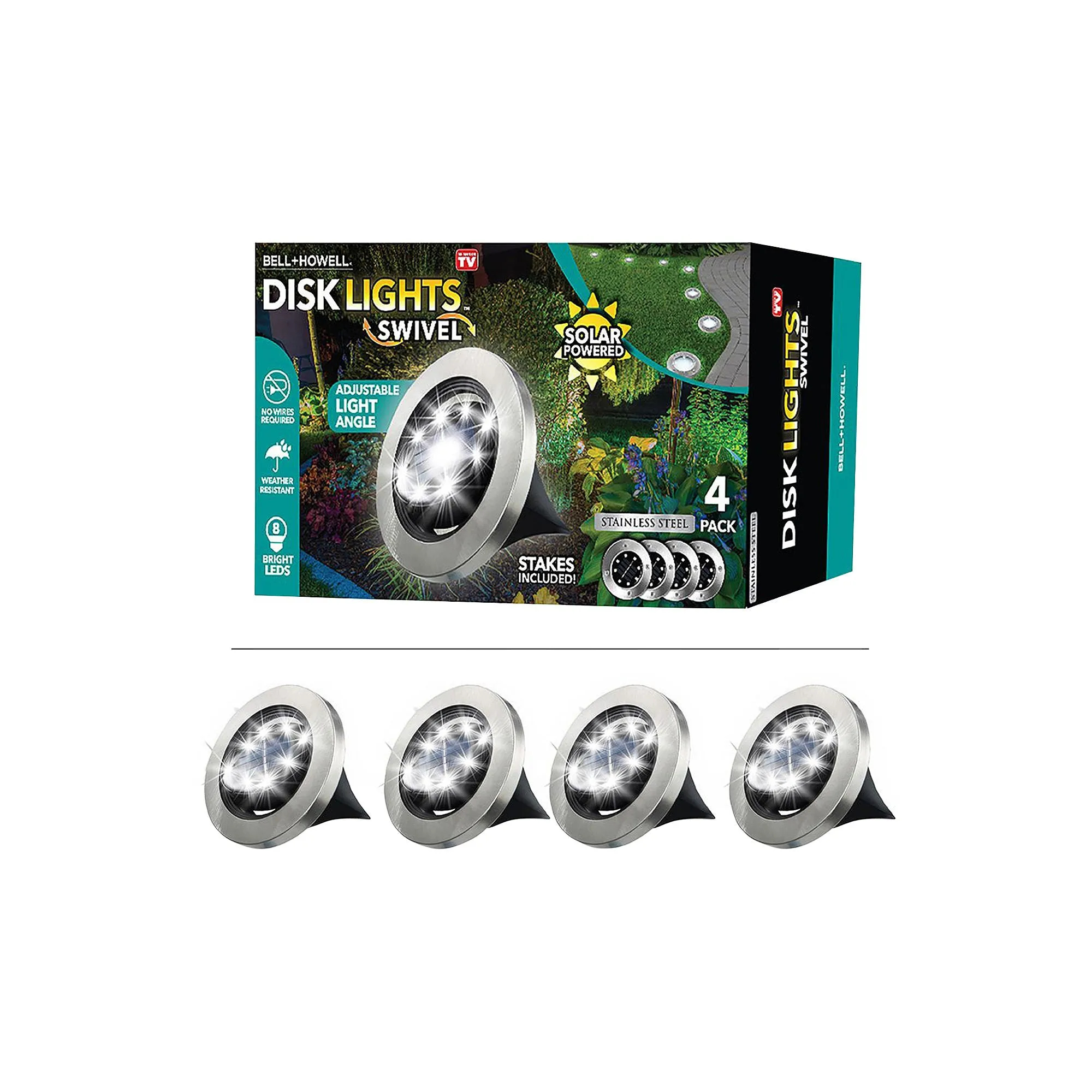 Bell & Howell 7846 Solar Powered Swivel Disk Lights, Set of 4
