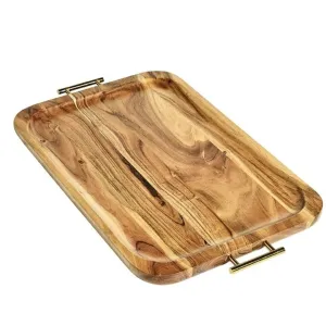 Better Homes & Gardens 0017 Acacia Wood Rectangle Tray with Gold Color Handles, One Size