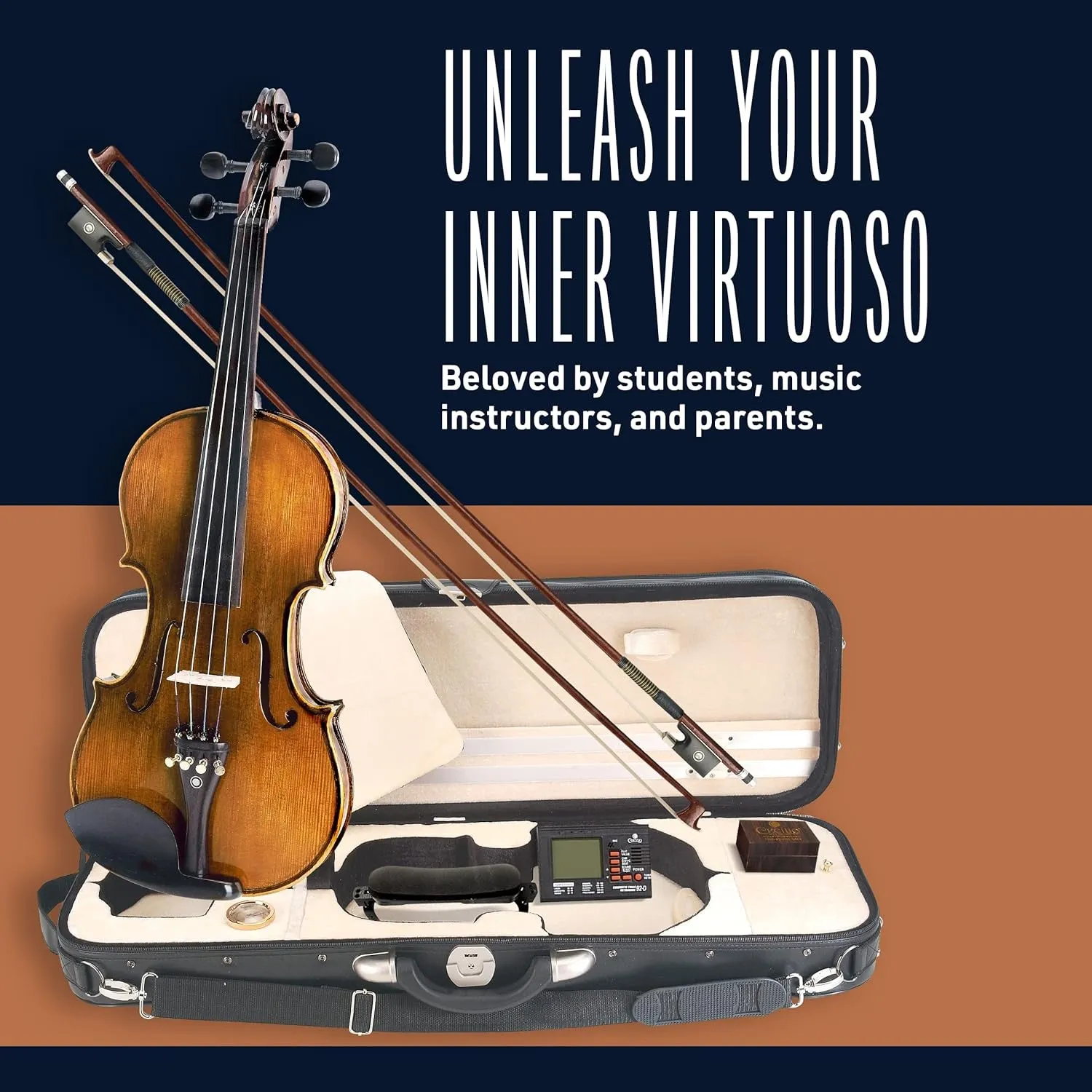 Cecilio CVN-600 Hand Oil Rub Highly Flamed 1-Piece Back Solidwood Violin with D'Addario Prelude Strings, Size 4/4 (Full Size)
