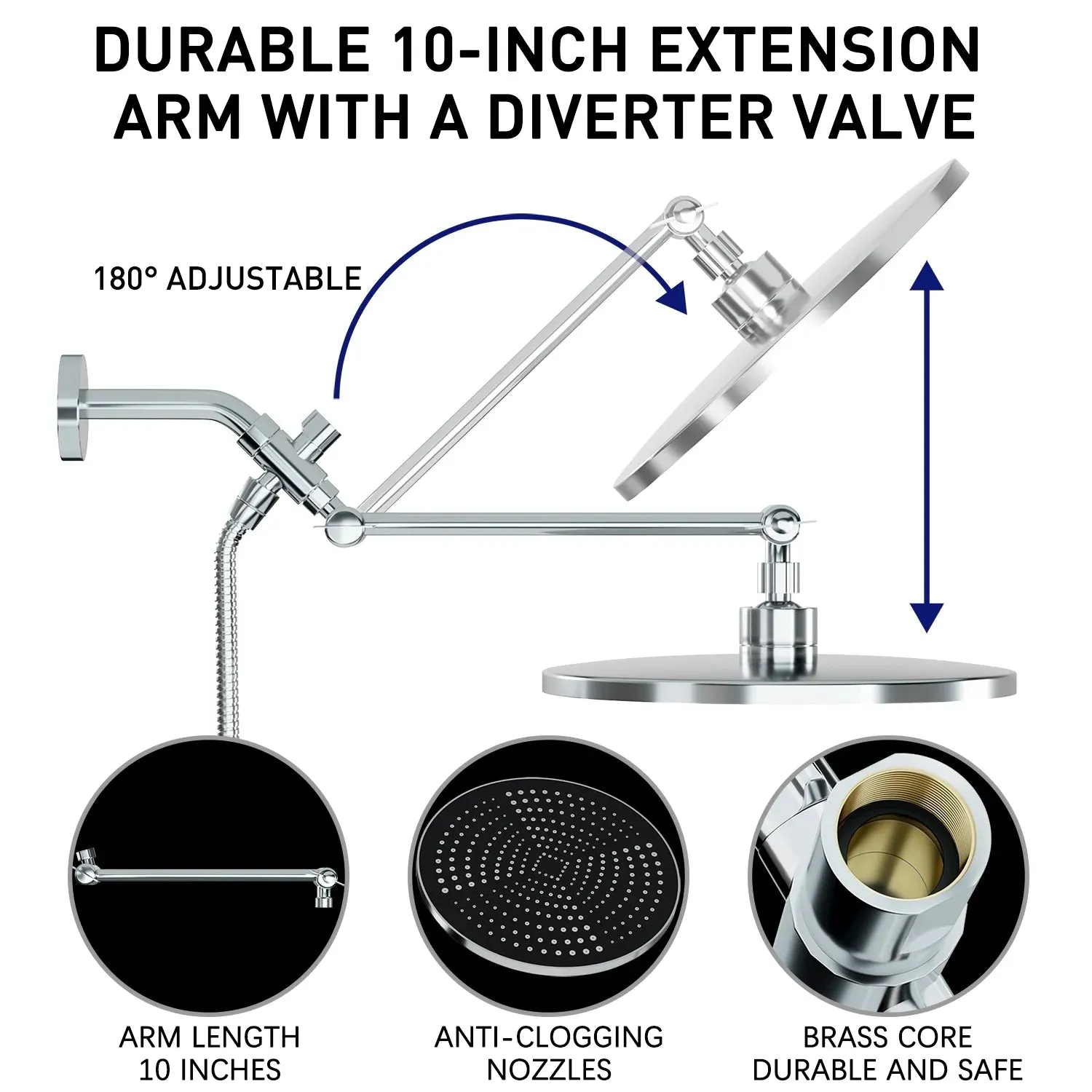 DTIG WAW-PSH-001-S 3-Setting High Pressure Shower Head 10 inch Rain Shower Head with Handheld and Hose Silver