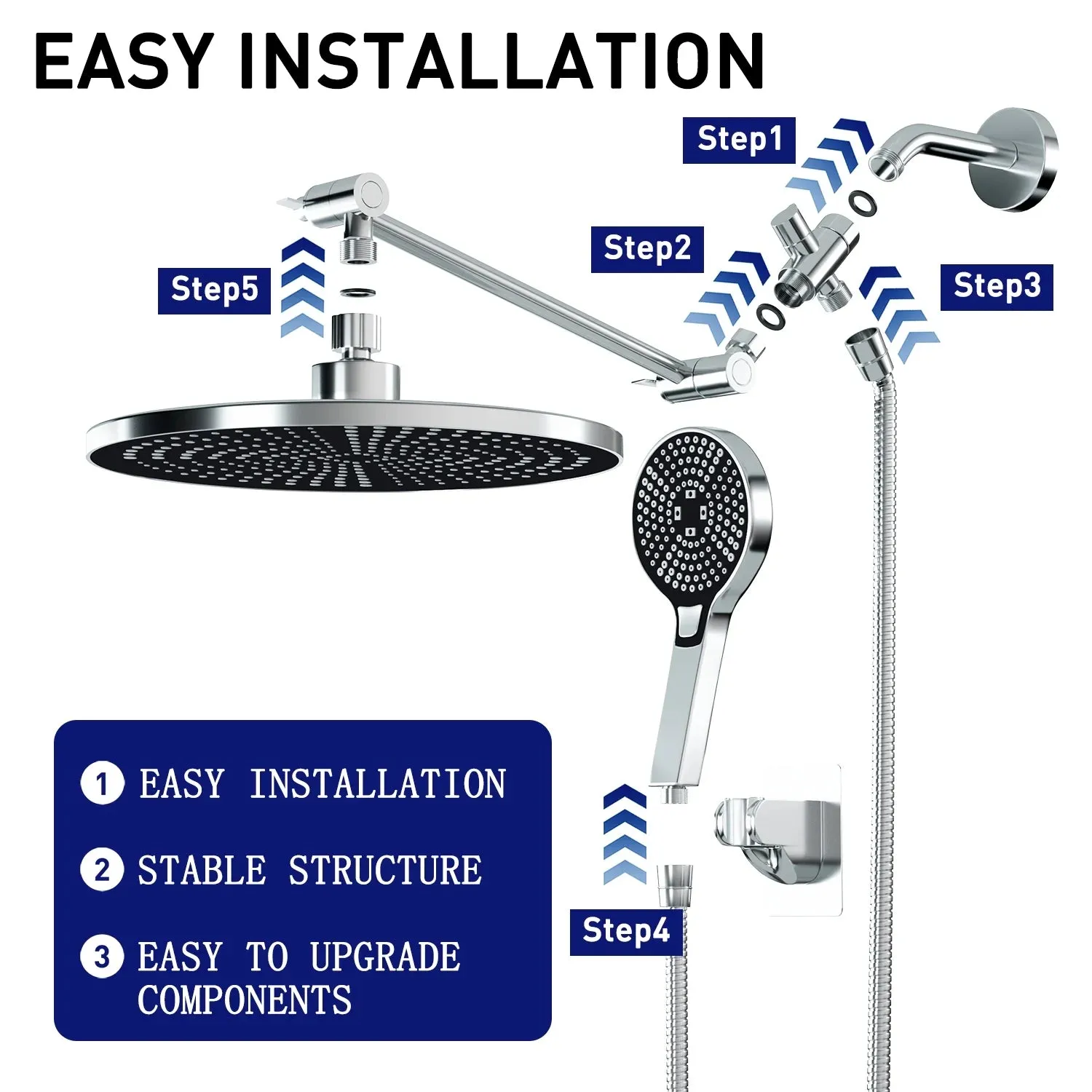 DTIG WAW-PSH-001-S 3-Setting High Pressure Shower Head 10 inch Rain Shower Head with Handheld and Hose Silver