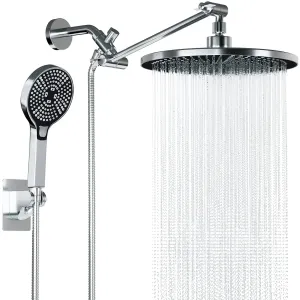DTIG WAW-PSH-001-S 3-Setting High Pressure Shower Head 10 inch Rain Shower Head with Handheld and Hose Silver