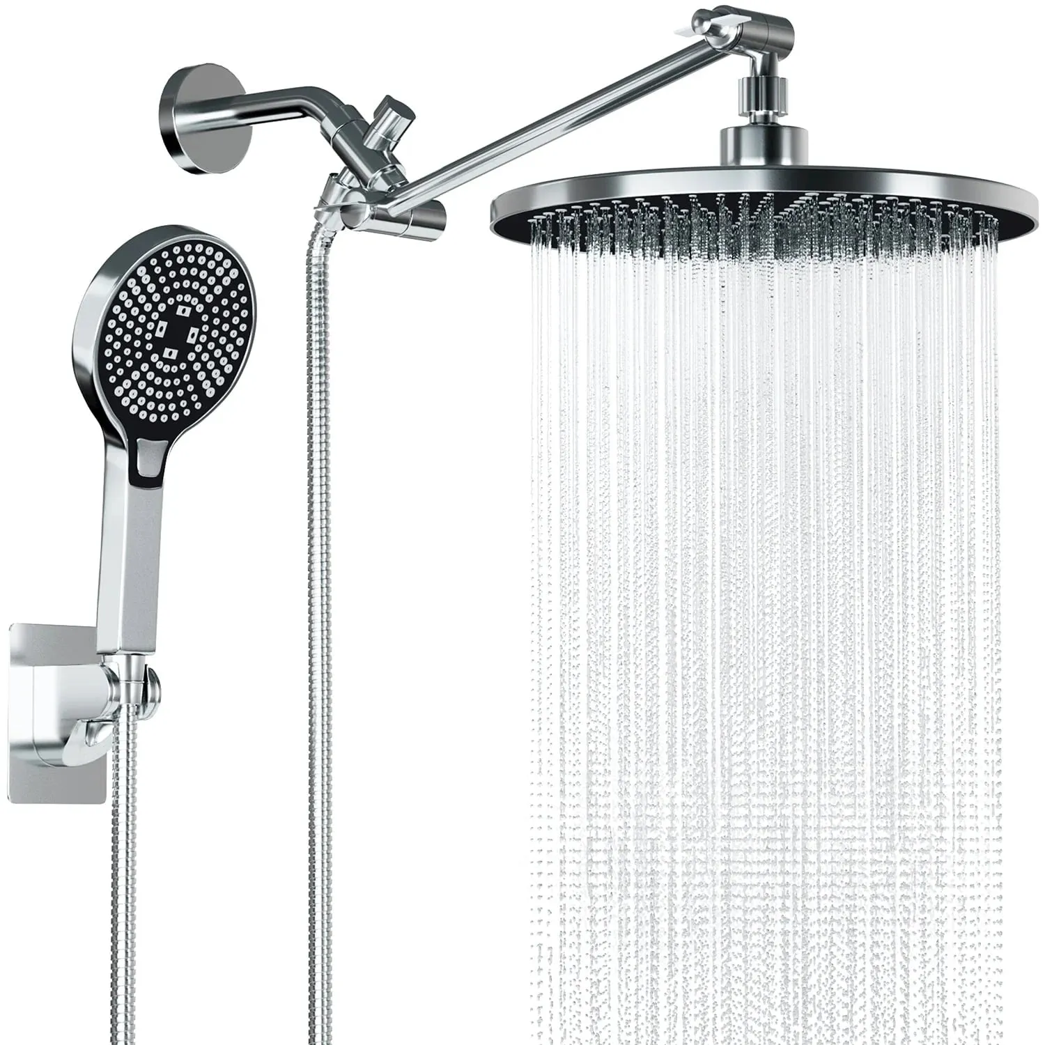 DTIG WAW-PSH-001-S 3-Setting High Pressure Shower Head 10 inch Rain Shower Head with Handheld and Hose Silver