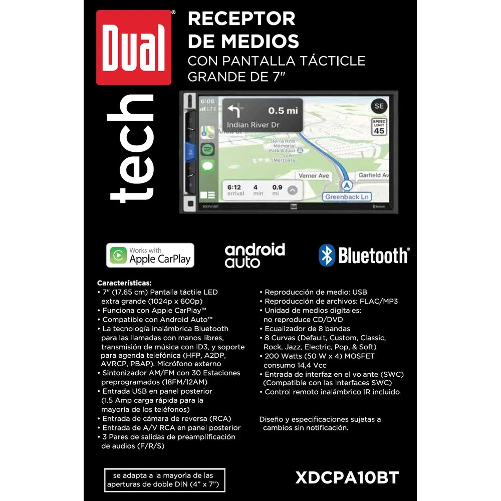 Dual Electronics XDCPA10BT LED Multimedia Touch Screen 7 inch Double DIN Car Stereo Apple CarPlay Android Auto