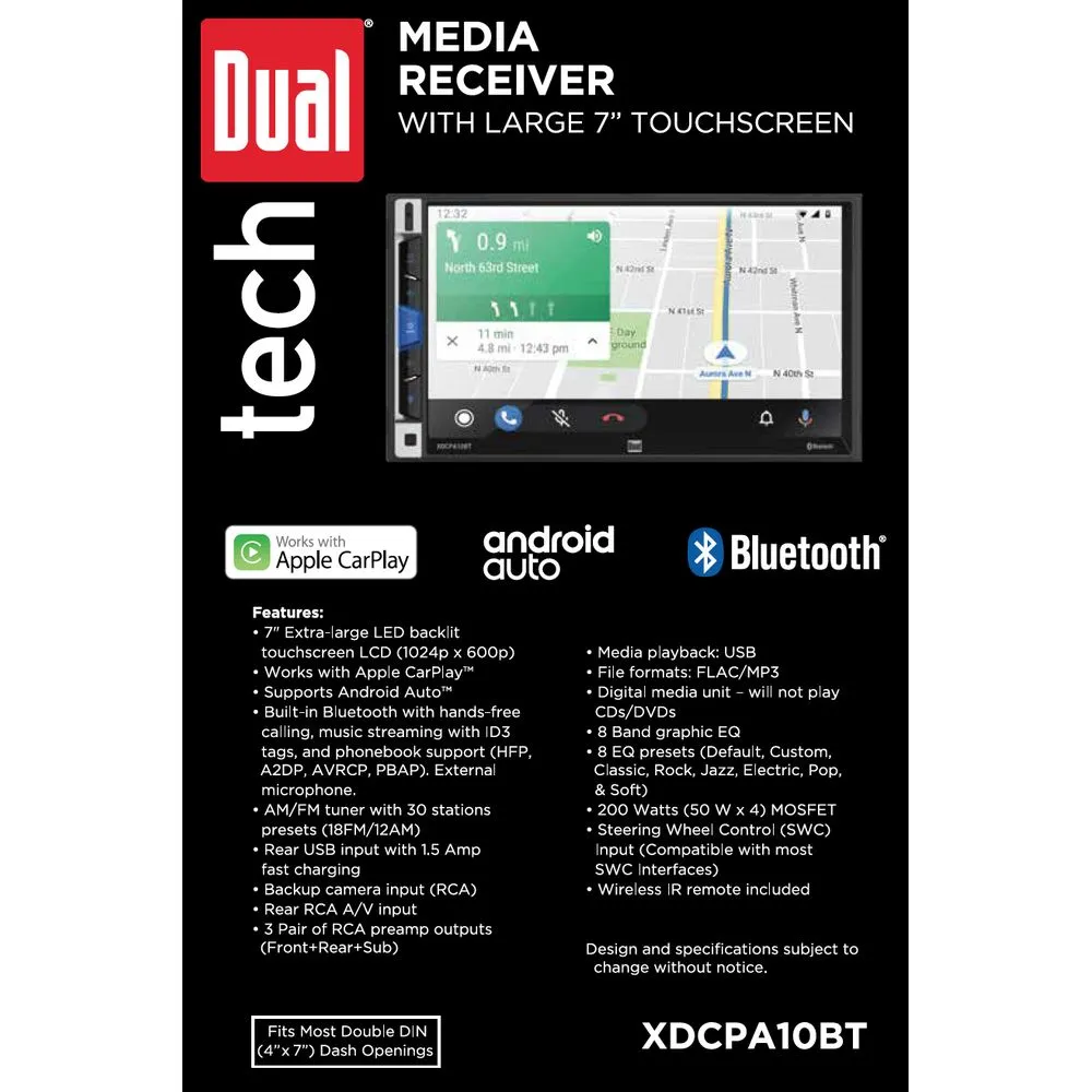 Dual Electronics XDCPA10BT LED Multimedia Touch Screen 7 inch Double DIN Car Stereo Apple CarPlay Android Auto