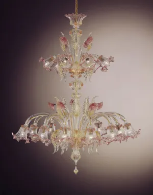 Gold And Pink 16 Light Pastoral Murano Glass Chandelier