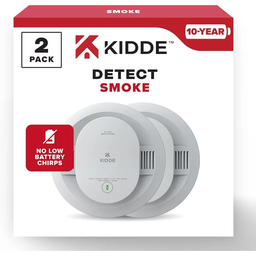 Kidde 20SD10 Smoke Detector, 10-Year Battery Powered, LED Warning Light Indicators, 2 Pack