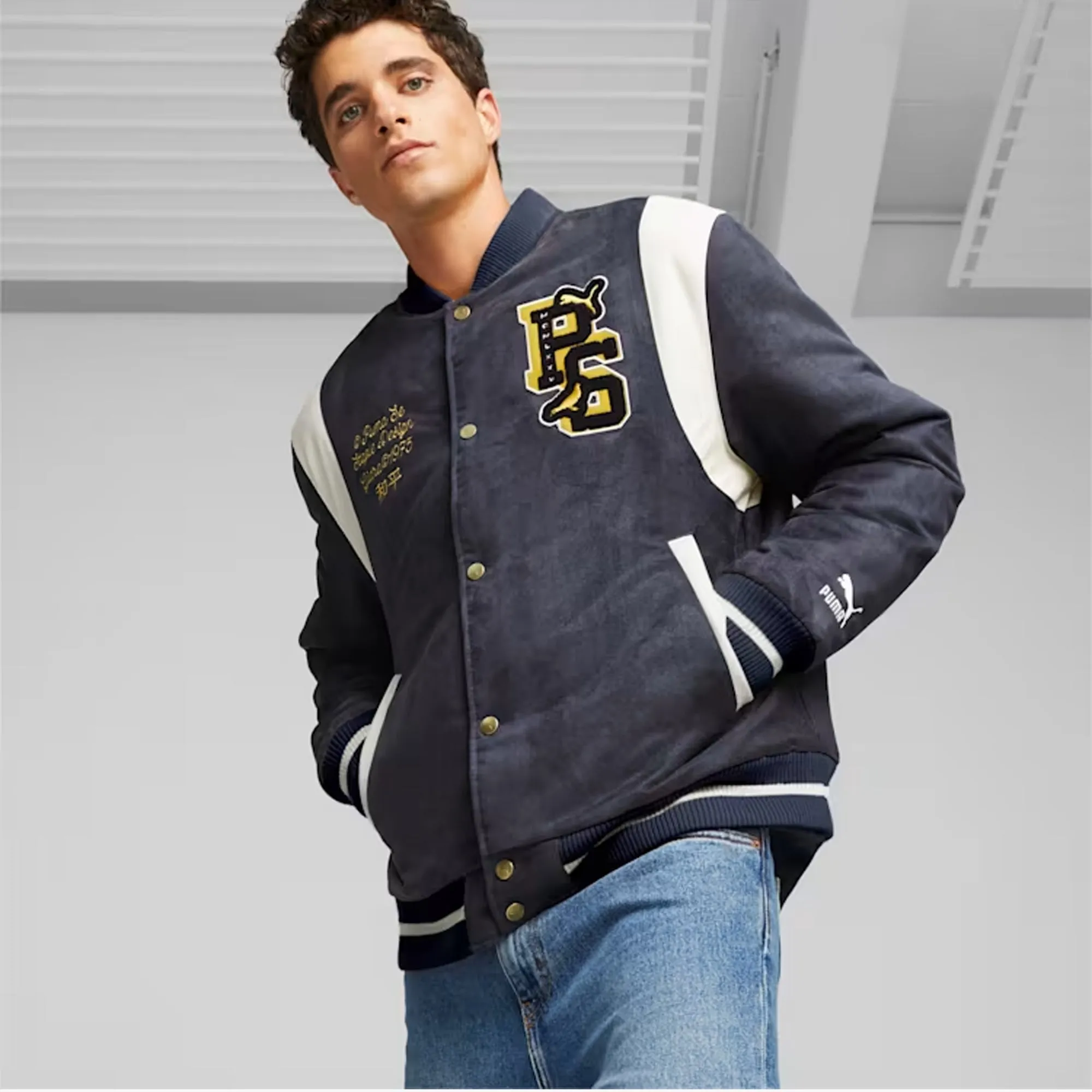 Puma | PUMA x STAPLE VARSITY JACKET  { NEW NAVY