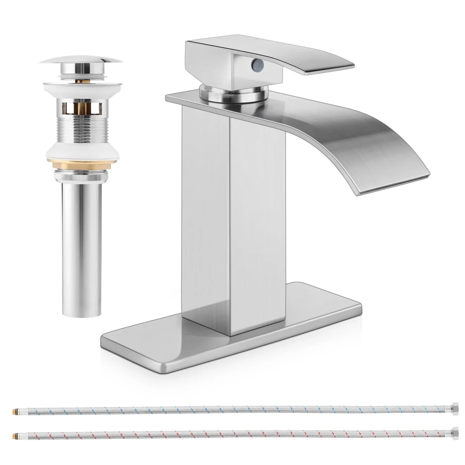 Vesteel Bathroom Faucet, 18/10 Stainless Steel Single Handle Waterfall Spout Bathroom Sink Faucet with Deck Plate and Pop Up Drain, Silver