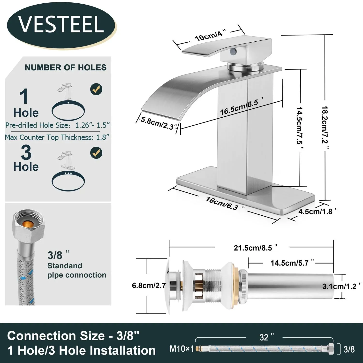 Vesteel Bathroom Faucet, 18/10 Stainless Steel Single Handle Waterfall Spout Bathroom Sink Faucet with Deck Plate and Pop Up Drain, Silver