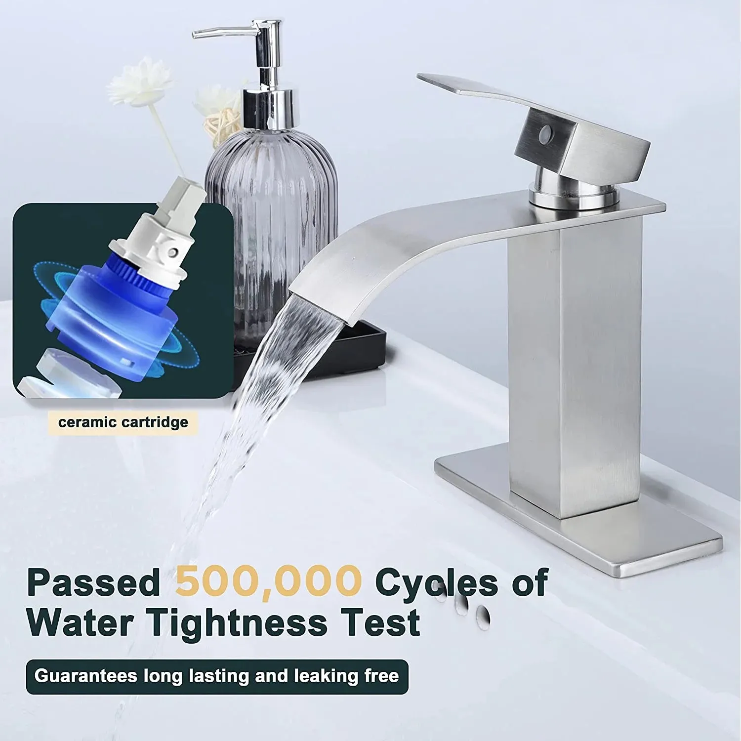 Vesteel Bathroom Faucet, 18/10 Stainless Steel Single Handle Waterfall Spout Bathroom Sink Faucet with Deck Plate and Pop Up Drain, Silver