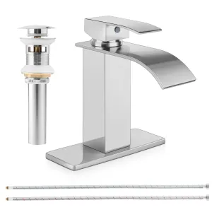 Vesteel Bathroom Faucet, 18/10 Stainless Steel Single Handle Waterfall Spout Bathroom Sink Faucet with Deck Plate and Pop Up Drain, Silver