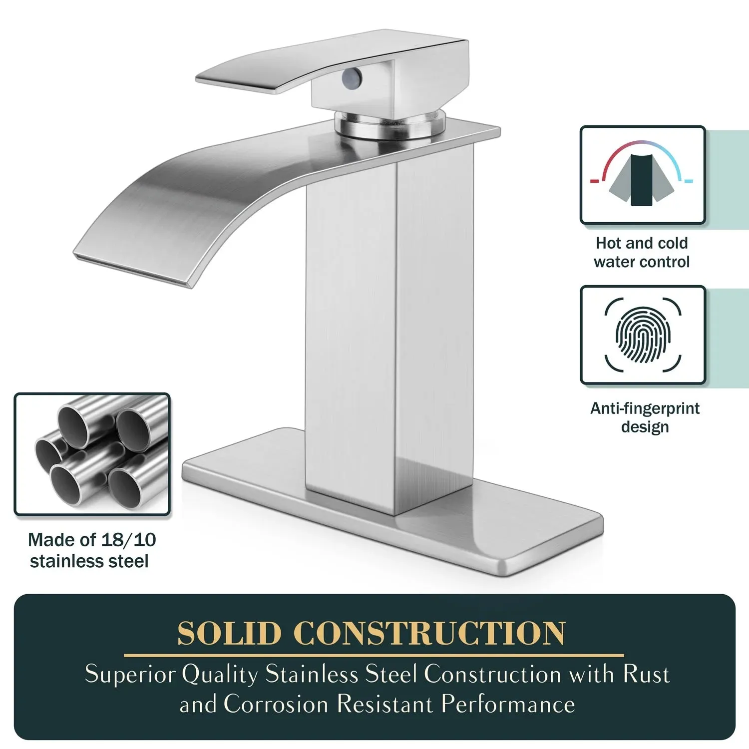 Vesteel Bathroom Faucet, 18/10 Stainless Steel Single Handle Waterfall Spout Bathroom Sink Faucet with Deck Plate and Pop Up Drain, Silver